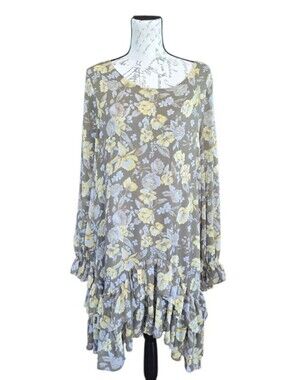 By Together Boho Floral Chiffon Olive Green Yellow Long Sleeve Dress L